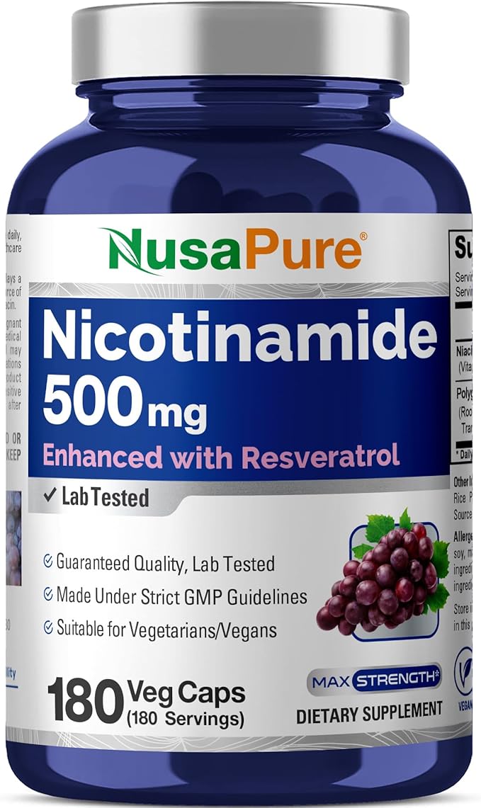 NusaPure Nicotinamide avec Resvératrol (Vitamine B-3) 500 mg - 180 Gélules Végétariennes (Sans OGM et Végane)