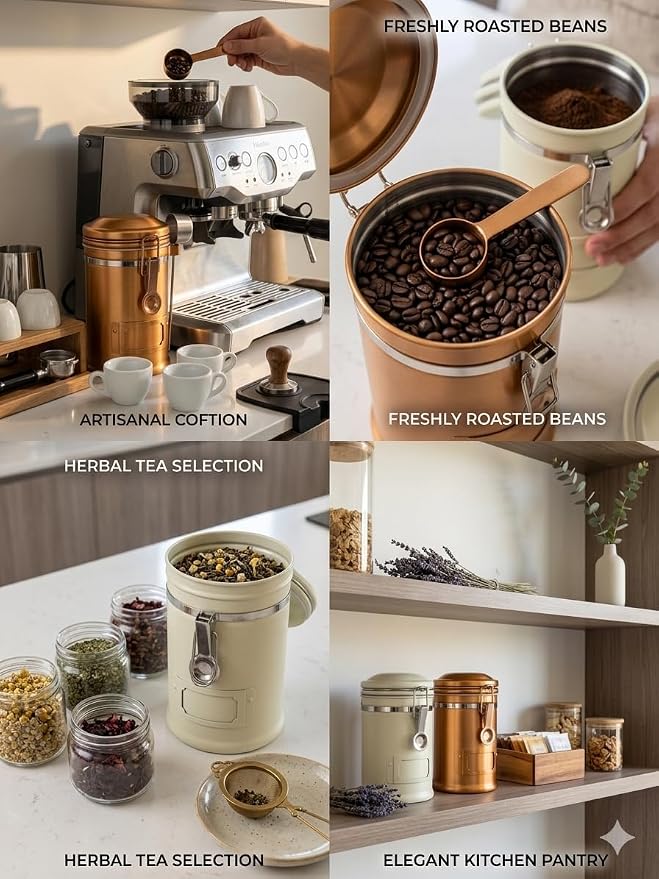 PRINCE G Airtight Coffee Canister, Light-Blocking Stainless Steel Coffee Storage Container with Scoop, 260g Coffee Bean Storage Jar, Bronze