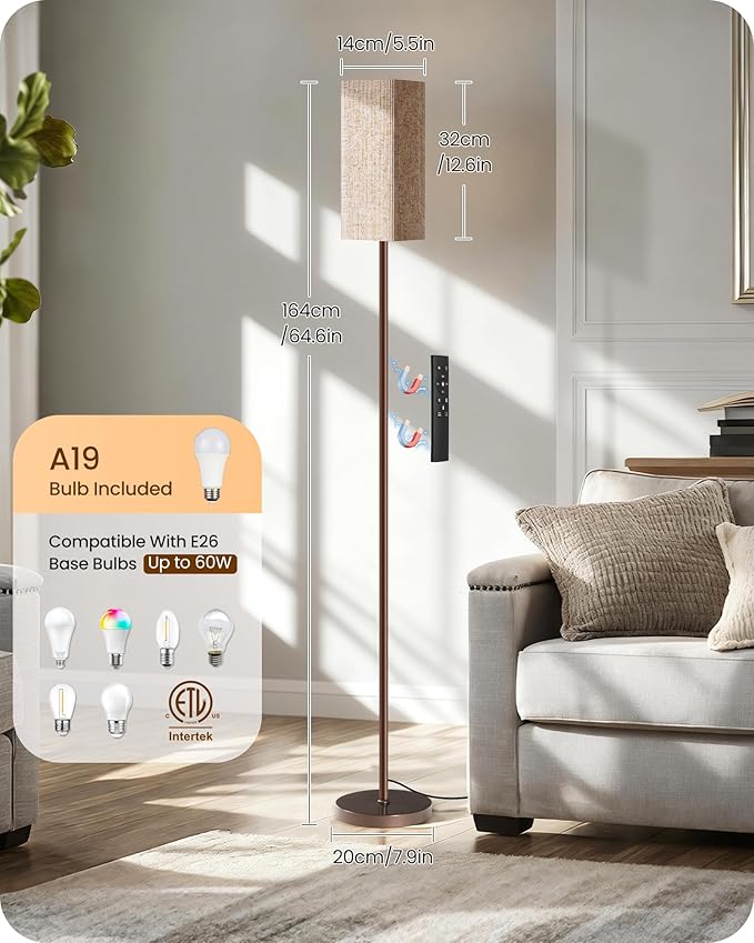 64.2'' Dimmable Floor Lamp for Living Room with Remote and Foot Switch, Corner Floor Lamp for Bedroom, Includes 10W A19 Bulb, Modern Standing Tall Lamp, ETL Listed Brown and Beige VE17LD05