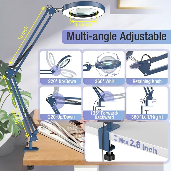 10X Magnifying Glass with Light and Clamp, Real Glass Stand Lighted Magnifier, 2*16 Arm 5 Color Modes Stepless Dimmable LED Desk Lamp Hands Free for Craft Hobby Reading Painting Close Work Large Blue