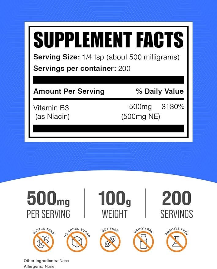 BulkSupplements.com ナイアシンパウダー - ビタミンB3サプリメント、ナイアシンフラッシュ - グルテンフリー、500mg/回、100g (3.5オンス) (1個パック)