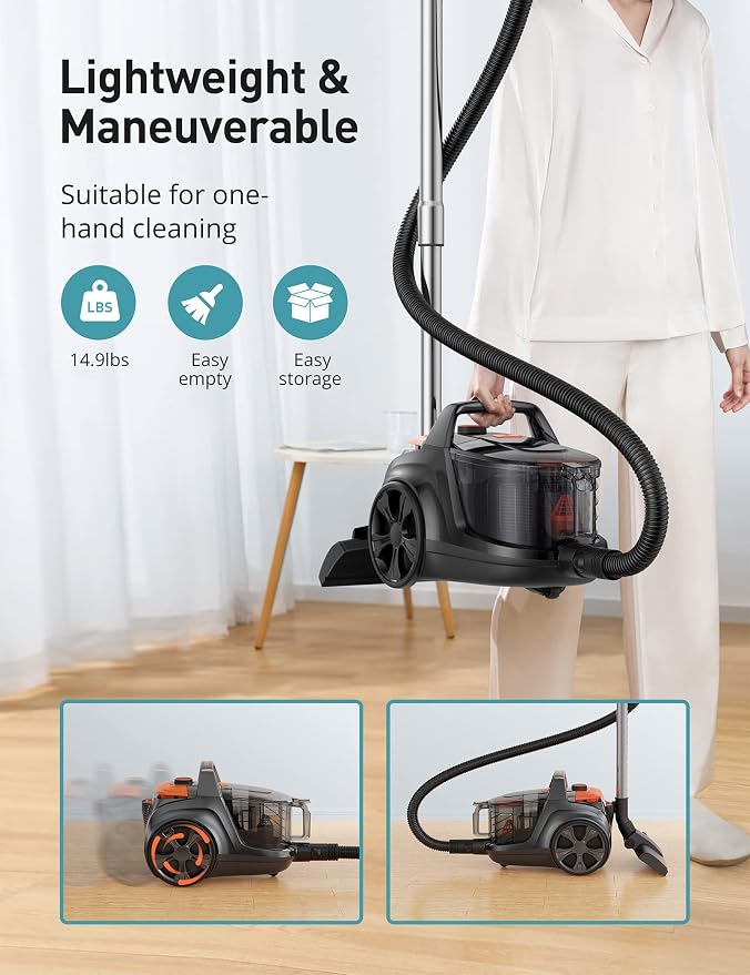 Aspiron Canister Vacuum Cleaner, 40Kpa Bagless Vacuum Cleaners, 4QT Large Dust Cup, Double HEPA Filter, Retractable Cord, 1600W Lightweight Vacuum Cleaner with 5 Tools for Hard Floors, Amber