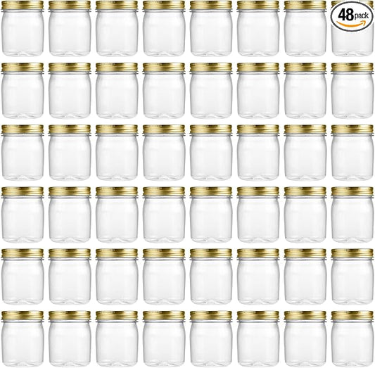 novelinks 8 oz Clear Plastic Jars with Airtight Lids, 48 Pack Plastic Mason Jars with Lids 8oz, Refillable Storage Slime Containers & Small Spice Jar for Kitchen Organization (48 Pack,Gold)