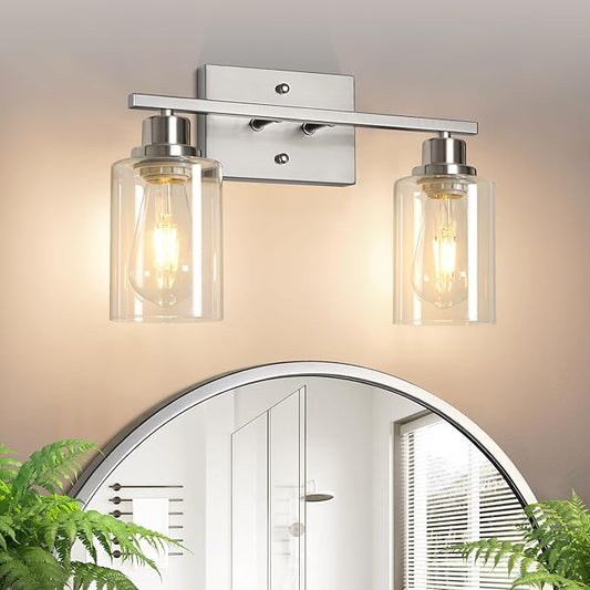 Ascher Bathroom Light Fixtures, 2-Light Vanity Light Over Mirror, Brushed Nickel Wall Sconces with Clear Glass Shades, Wall Lamp for Living Room Bedroom, E26 Base(Bulbs Not Included)