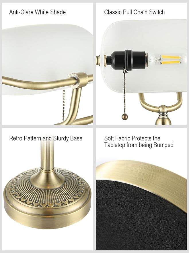 Glass Bankers Desk Lamp with Pull Chain Switch Plug in Fixture (Matted White +Green Bronze Base, Classic)