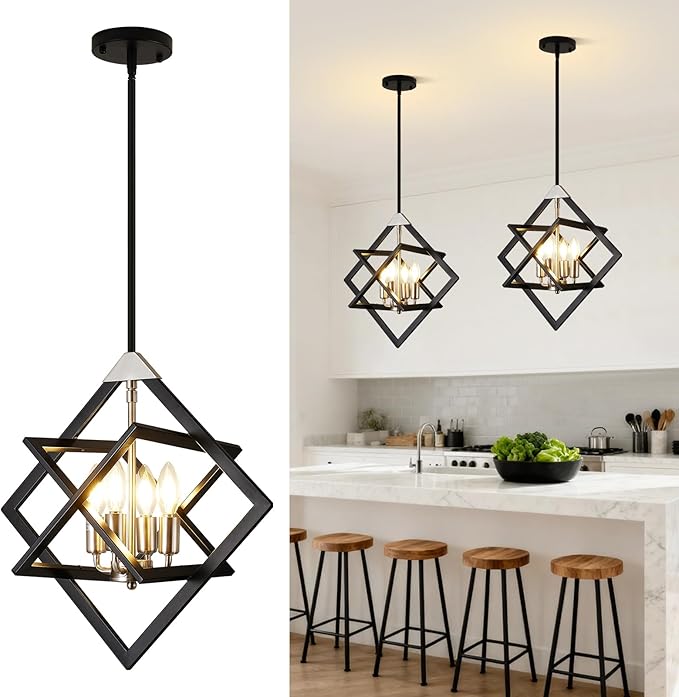 18" Modern Chandelier for Dining Room, No Assembly Required 4-Light Dining Room Light Fixture Over Table, Industrial Hanging Pendant Lights for Kitchen Island, Entryway, Foyer (Black+Brushed Nickel)