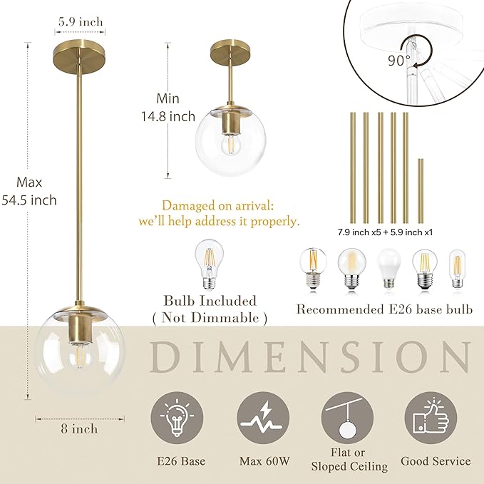 Bagood 8" Globe Pendant Light Gold Mid Century Modern Light Fixture Clear Glass Pendant Lights Kitchen Island Modern Pendant Lights Brushed Brass Finished with Clear Glass Lampshade for Bedroom