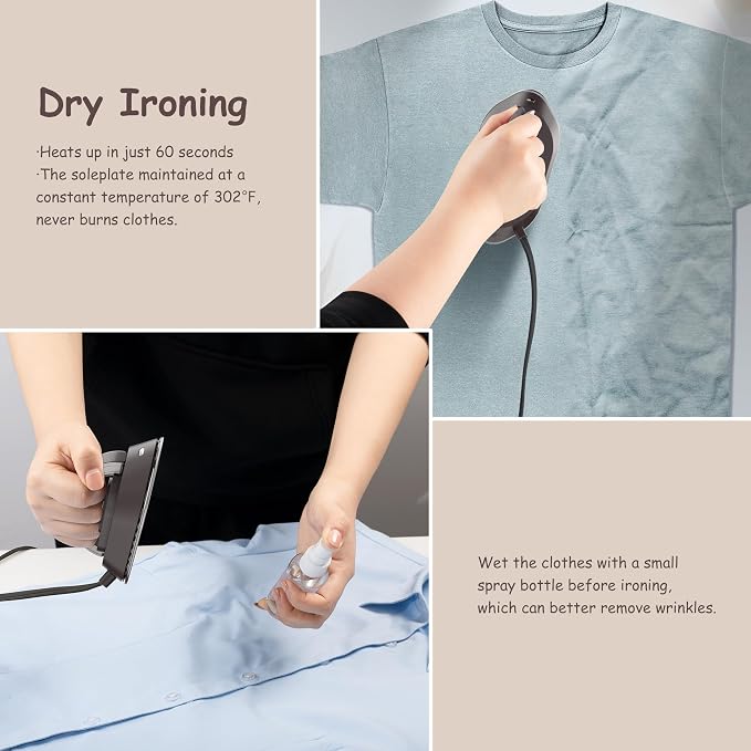 Newbealer Travel Iron Set, 100-240V Mini Dry Iron for Clothes (No Steam) | Max 300W, Heats in 60s, 302℉ Ceramic Soleplate, Handy Heat Press, 0.8lbs Lightweight for Quick Touch-ups Worldwide (Brown)