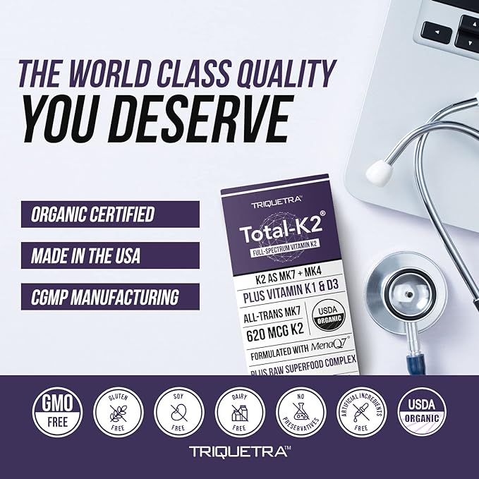 Total K2® | Vitamine K2 sous forme de MK7 et MK4 | Plus K1 et vitamine D3 cofacteur - 620 mcg de K2 par portion - MK7 tout-trans issue de MenaQ7® - Vitamine K à spectre complet - Végétalienne, certifiée biologique (60 gélules)