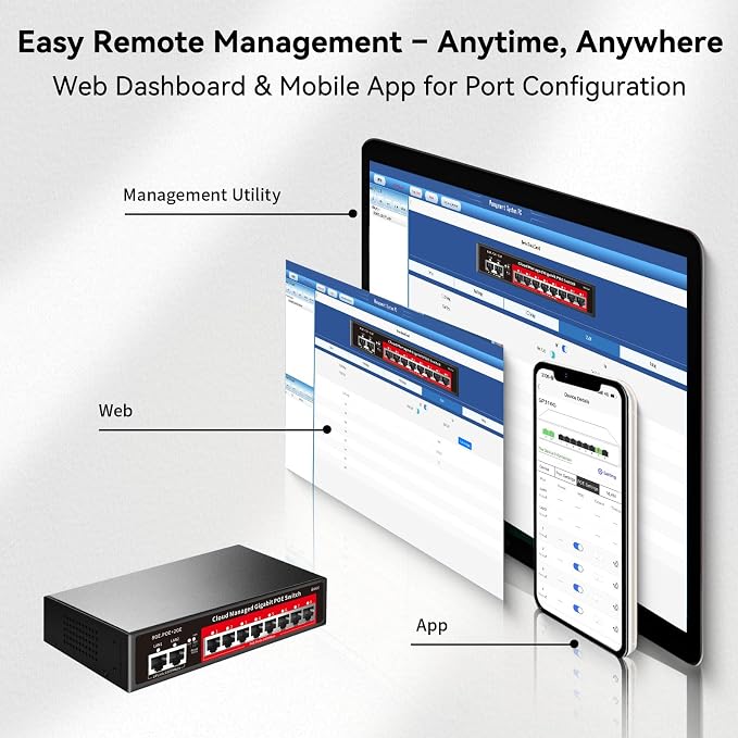 8 Port Gigabit PoE Switch with 2 Gigabit Uplink, 120W Built-in Power, 802.3af/at Compliant, Managed PoE+ Switch Support VLAN, QoS, Fanless Metal, Plug and Play(Desktop/Wall Mount)
