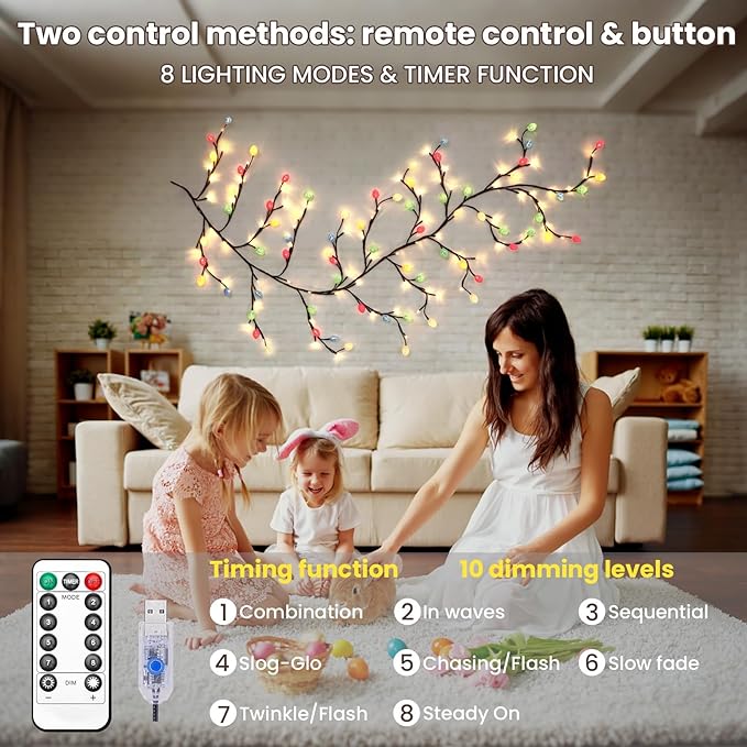 Easter Egg LED Tree Branch Lights for Wall,Easter Egg Willow Vine Twig Decor,USB Interface,with 144 LED Lights and Remote,8 Lighting Modes,for Home,Walls,Doors Windows (90inch)