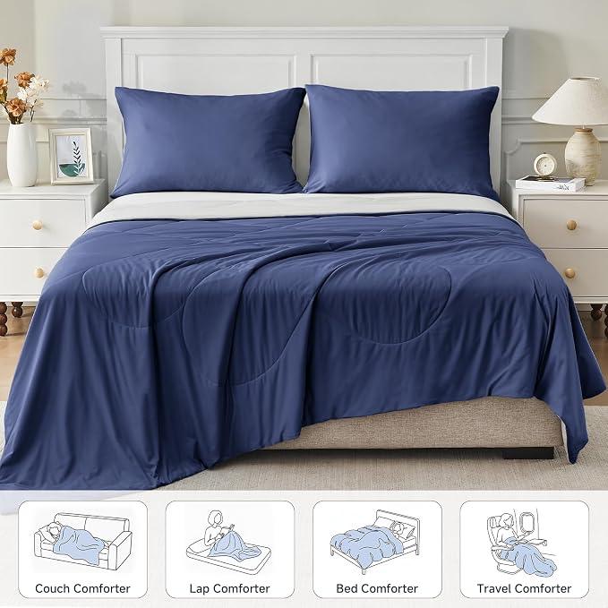 HOMFINE Cooling Comforter Japanese Double-Sided Cold Tech Fabric Cooling Blanket for Night Sweats Hot Sleepers, Q-Max 0.45 Soft Breathable Silky Smooth Lightweight Dark Blue Summer Comforter Queen