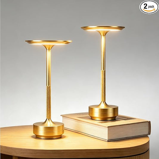 Rechargeable Cordless Table Lamp Set of 2, Portable Battery Operated LED Table Light, 3 Color Stepless Dimming with Touch Sensor & Memory Function for Outdoor Camping Patio café Restaurant Bars, Gold
