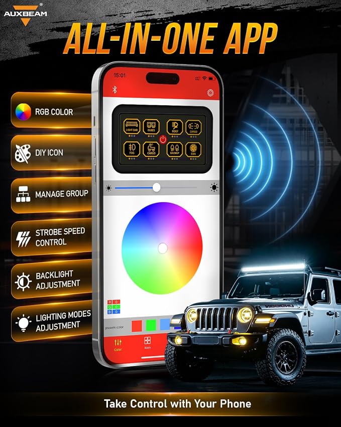 Auxbeam RGB Bluetooth 8 Gang Switch Panel AR-820 Toggle Momentary Pulsed Switch Pod for Truck UTV Offroad Boat Auxiliary LED Light Controller with Circuit Relay System Box Waterproof, 3-Year Warranty