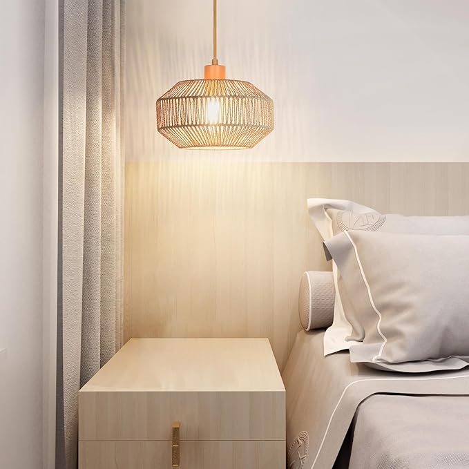Qingmiao Boho Plug in Pendant Light, Rattan Hanging Lamp Plug in with Woven Shade, 3-Way Dimmable Hanging Light Fixture for Living Room Bedroom Kitchen Ceiling Farmhouse Home Decor