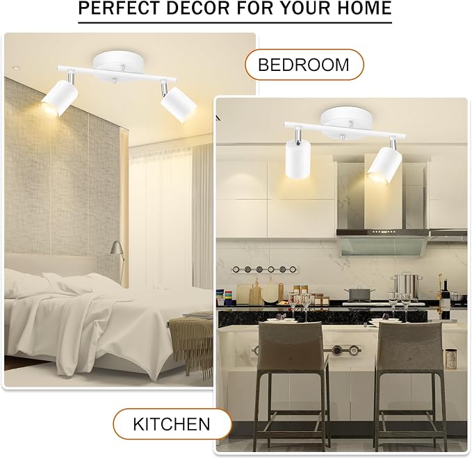 BoostArea LED 2 Light Track Lighting Kit, White 2 Way Ceiling Spot Lighting, Flexibly Rotatable Light Head for Kitchen, Living Room, Bedroom, GU10 Bulb Not Included