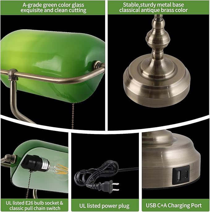 Green Glass Banker's Desk Lamp, Antique Banker Desk Lamps with USB Charging Port, Traditional Library Lamp, Vintage Desk Lamp Green Shade for Office Study Room, Pull Chain Switch