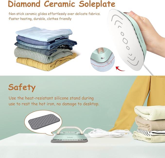 Newbealer Travel Iron Set, 100-240V Mini Dry Iron for Clothes (No Steam) | Max 300W, Heats in 60s, 302℉ Ceramic Soleplate, Handy Heat Press, 0.8lbs Lightweight for Quick Touch-ups Worldwide (Green)