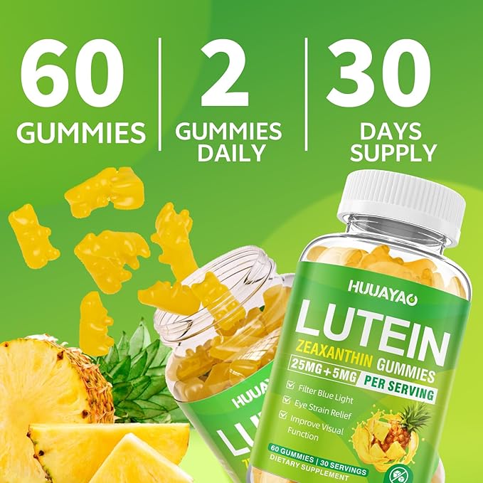 Lutein Gummies 25mg, Lutein and Zeaxanthin Supplements Eye Vitamins Gummies for Support Blue Light Protection, Vision & Overall Eye Health, Sugar Free, Pineapple Flavor, 120 Count
