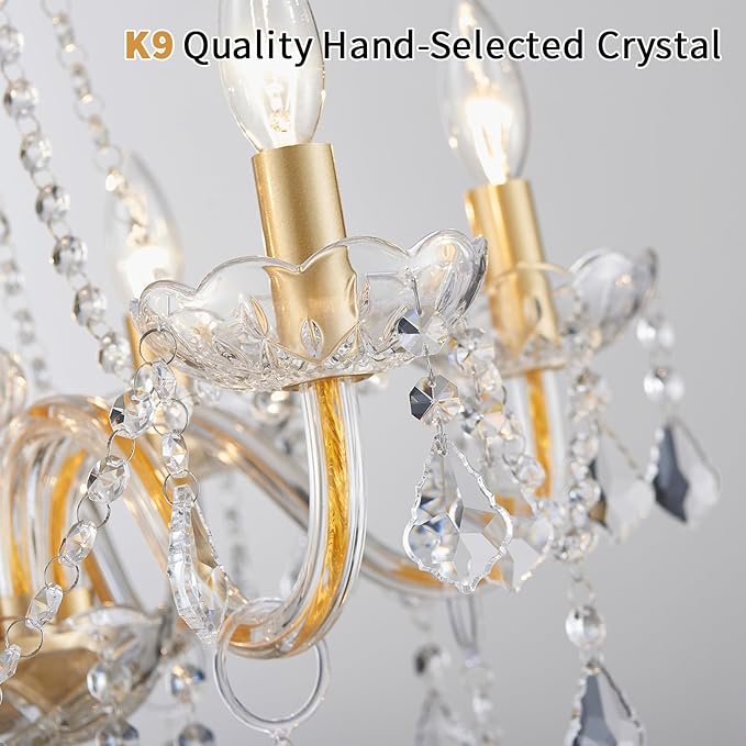 Crystal Chandelier Light Fixture, Modern K9 Crystal Chandeliers for Dining Room, 6-Lights Gold Ceiling Light, Adjustable Hanging Pendant Light Fixture for Living Room Entryway Kitchen Island Hallway
