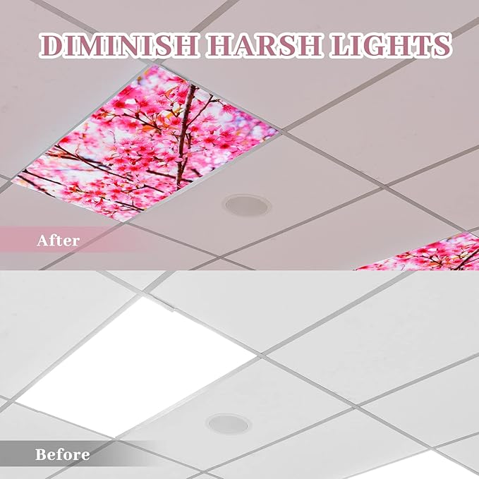 Hortsun 6 Pcs Magnetic Fluorescent Light Covers, 4 x 2 Feet Magnetic Classroom Light Covers for Fluorescent Shade, Drop Ceiling Lighting, School Office Classroom Decor(Cherry Blossom)