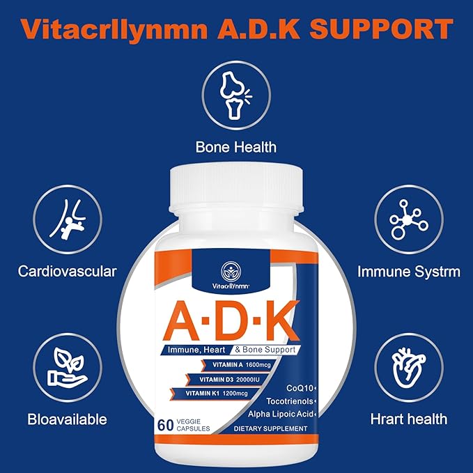 ADKビタミンサプリメント 20000 IU - 高力価ビタミンA、D3、K1配合、心臓、骨の健康、免疫をサポート ビタミンADK 60カプセル