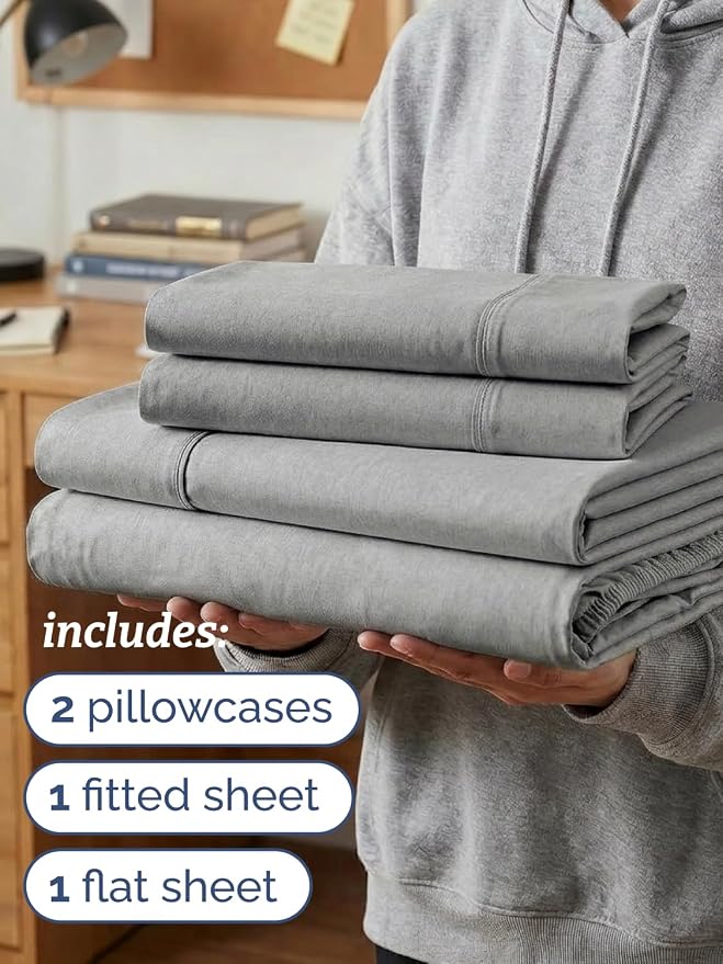 Twin XL 4 Piece Sheet Set - Comfy Breathable & Cooling - Soft Hotel Luxury Bedding Set with 8-16 Inch Deep Pockets - 1 Flat & 1 Fitted Sheet & 2 Pillowcases - Wrinkle Free & Easy Care - Heathered Grey