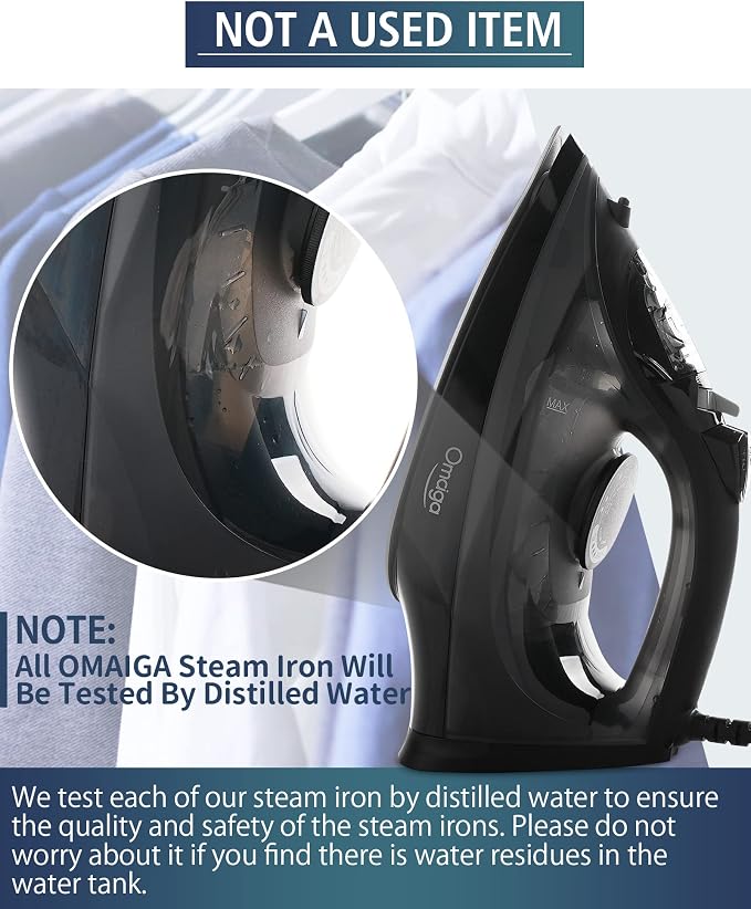 OMAIGA Steam Iron for Clothes, 1500W Iron with Rapid Heating, Non-Stick Ceramic Soleplate, Burst of Steam, Self-Cleaning, Auto-Off, Anti-Drip, 11.84oz Water Tank Ironing Clothes for Home, Black