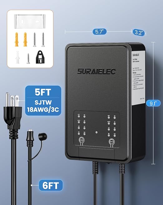 SURAIELEC 200W Low Votage Landscape Transformer with 2 Zones, Photocell Sensor & Timer, 120V to 12V/15V AC Multi Tap, Outdoor Lighting Transformer for Pathway Lights, Hardscape Lights, Spotlights