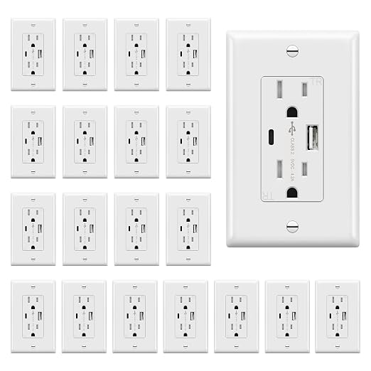 TOPGREENER USB Outlet, 4.2A Type C & Type A USB Wall Outlet, 15 Amp TR Receptacle Plug, Charging Power Outlet with USB Ports, Wall Plate Included, UL Listed, TU21536AC-WWP-20PCS, White, 20 Pack