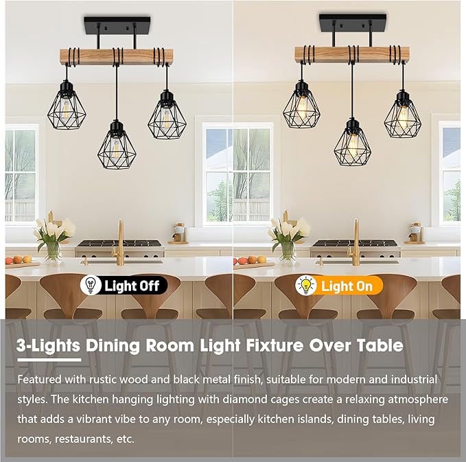 3-Lights Farmhouse Dining Room Pendant Light Fixtures Over Table, Rustic Solid Wood Kitchen Island Lighting Hanging with Metal Shades, Modern Black Ceiling Pendant Lamp for Living Room Hallway