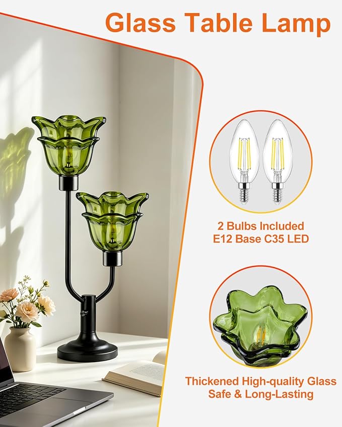 Lightdot Green Glass Flower Table Lamp Dimmable Nightstand Lamp Mid Century Modern Vintage Black Desk Lamp 2 Bulbs Included Warmwhite Ambient Bedside Lamp for Living Room Bedroom Home Office Decor