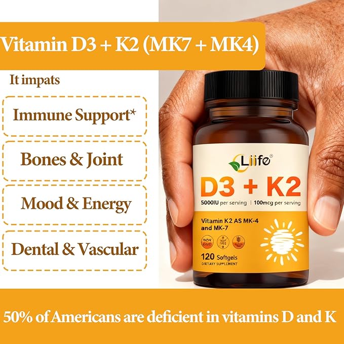 LIIFE Vitamin D3 K2 Supplement 5000 IU,120 Mini Softgels |2-in-1 Vitamins D & K Complex with Coconut Oil |Supports Calcium Absorption, Bone & Immune Health, Easy to Swallow