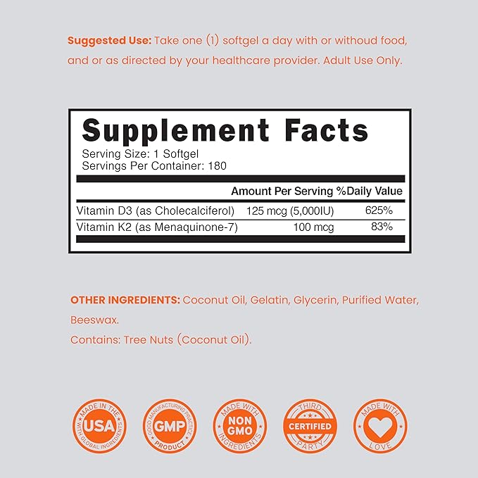 Supplément Vitamine D3 K2 (180 Gélules) Vitamine D3 K2 5000 UI/100 mcg - Supplément avec D & K - Soutient la Santé des Os et du Système Immunitaire pour Adultes - Végétalien, Sans OGM, Testé par un Tiers - Fabriqué aux États-Unis - 180 Comprimés