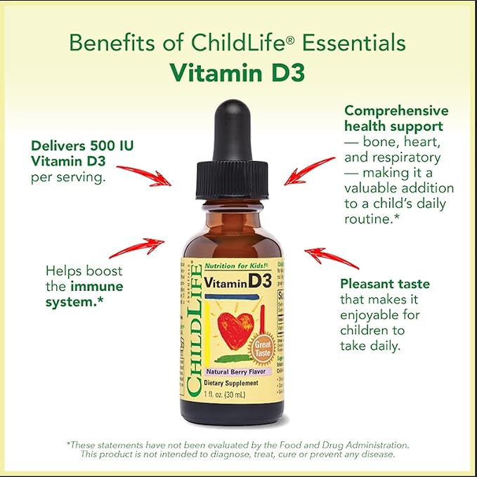 CHILDLIFE ESSENTIALS ビタミンD3 ドロップ キッズ・子供・幼児向け - 液体ビタミンDドロップ、1滴あたり500 IU、免疫と骨の健康をサポート、天然ベリー味 - 29.5ml (3個パック)