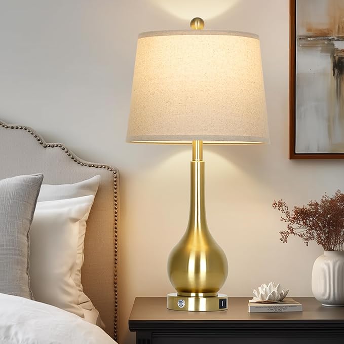 Rinweey 26" Gold Table Lamp for Living Room Single, Touch Control Bedside Lamp for Bedroom, 3-Way Dimmable End Table Lamp for Nightstand with USB Charging Port (1 Pack)