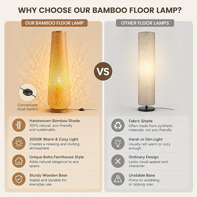 MIXL-Farmhouse Style Bamboo Floor Lamp,Large Wicker Indoor Floor Light,Boho Standing Light Plug in,Modern Minimalist Standing Lamp for Living Room Bedroom