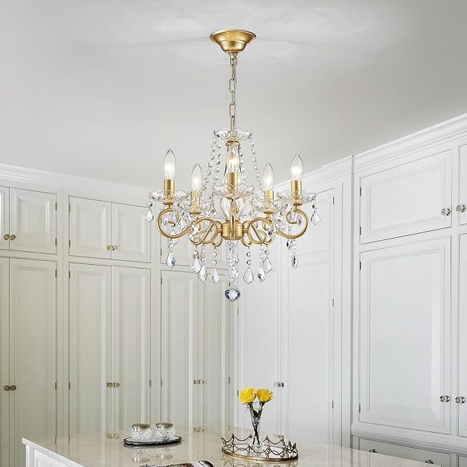 ANJIADENGSHI Mini Crystal Chandelier K9 Crystal Gold Chandelier for Living Room Bedroom Dining Room Kitchen Island Entryway 5 E12 Bulbs High 16.5 in x Diameter 16.9 in, Golden
