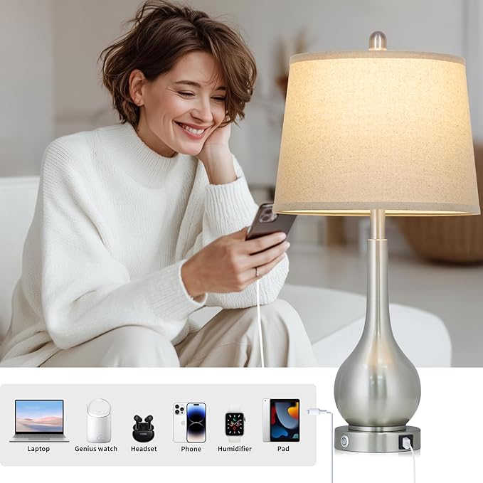 Rinweey 26" Silver Table Lamp for Living Room Single, Touch Control Bedside Lamp with USB Charging Ports, 3-Way Dimmable Brushed Nickel Bedroom Lamp for Nightstand (1 Pack)