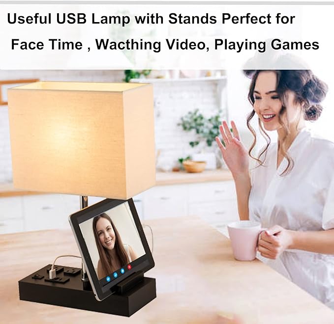 Briever USB Table Lamp, Multi-Functional Desk Lamp with 2 AC Outlets, Bedside Lamp with 3 USB Charging Ports and Wooden Phone Stands, Nightstand Lamp for Bedroom, Livingroom, Office, Linen Shade