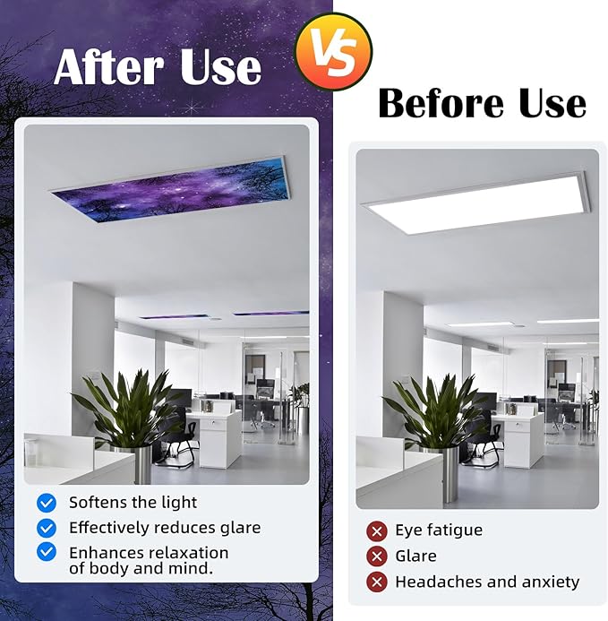 ANGSYLTH 8 Pcs Fluorescent Light Covers - 4 x 2 Feet Covers for Ceiling Lights, 8 x 10 Magnetic Light Filters for Classroom, Office, Hospitals (Forests & Starry Sky)
