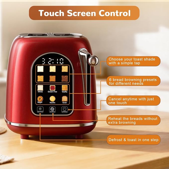 Mecity Toaster 2 Slice, Touch Screen Wide Slot Retro Toaster For Breads Bagel Muffin Waffle, House Warming Gift New Home, 120V 825W, Red Pearl