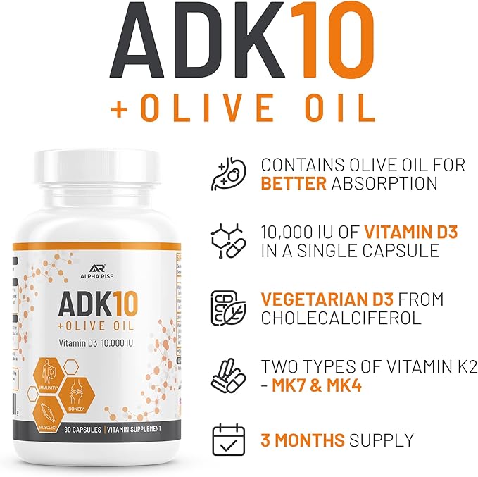 ADK 10 Complément vitaminique + Huile d'olive pour une meilleure absorption - avec Vitamines A + D3 (10 000 UI) + K2 (MK7+MK4) - 90 Capsules - Végétarien - Sans OGM