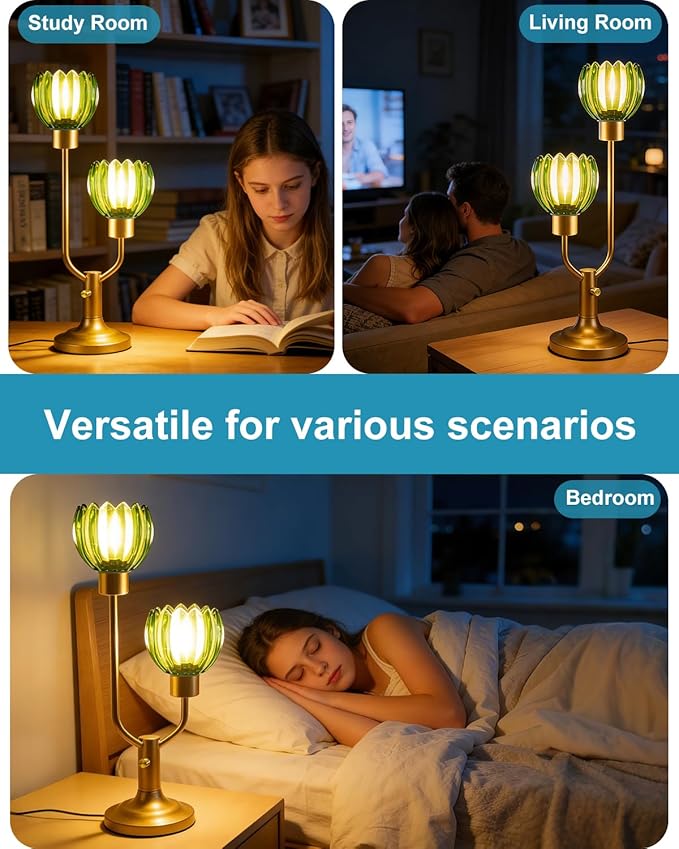 Lightdot Green Glass Flower Table Lamp for Bedroom Dimmable Nightstand Lamp Mid Century Modern Vintage Gold Desk Lamp 2 Bulbs Included Warmwhite Ambient Bedside Lamp for Living Room Home Office Decor