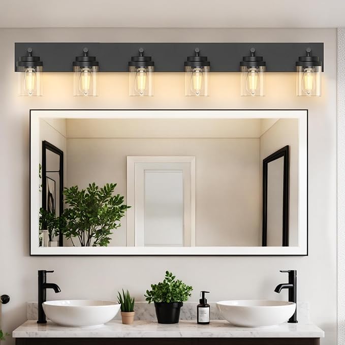 IZORRO Bathroom Vanity Light Fixture, 6-Light 46 Inch Matte Black Bathroom Light Fixtures Over Mirror, with Clear Glass Shade, Modern Farmhouse Vanity Lights, Rustic Restroom Lighting Fixtures