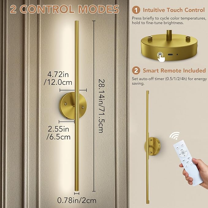 TONYFUL Battery Operated Wall Sconce Set of 2, Rechargeable Wall Lamp with 6000mAh Dimmable Bulbs and Remote, 3000K-6500K LED Wireless Wall Lights for Bedroom, Living Room, Hallway Decor, Background