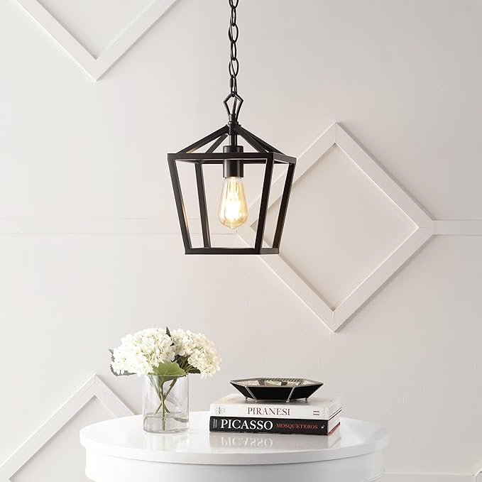 JONATHAN Y 8" Oil Rubbed Bronze Lantern Pendant Light, 1-Light Pagoda Style Metal Cage Farmhouse Hanging Ceiling Fixture for Kitchen Island, LED Bulb Included JYL7618A