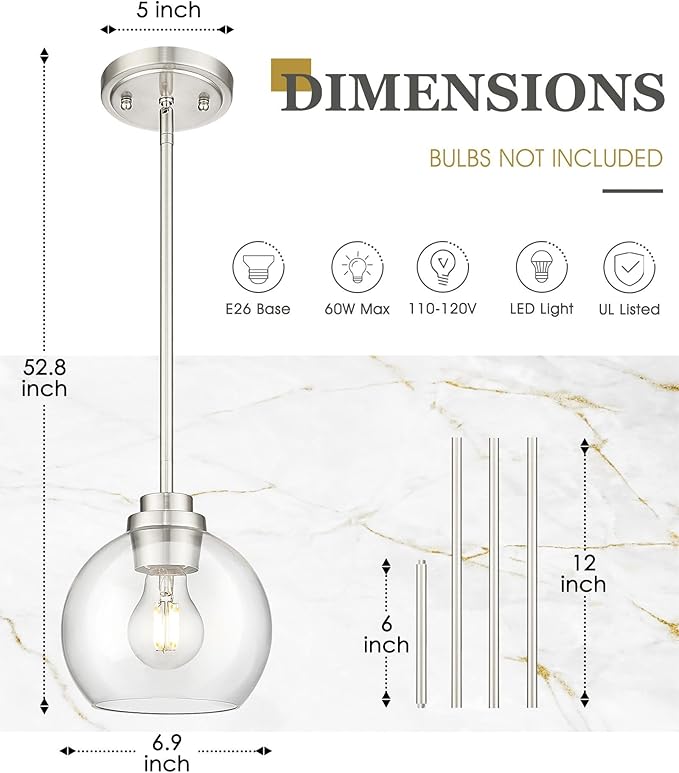 Pendant Lights Kitchen Island 2 Pack, 7" Modern Brushed Nickel Hanging Lights Fixtures with Clear Glass Globe Shade, Kitchen Island Lighting for Bathroom, AD-22280-1P2-SN-C