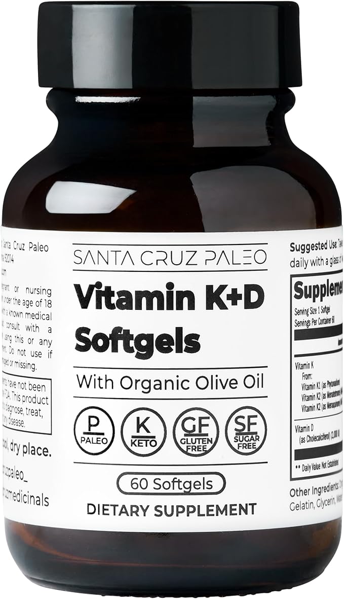 Gélules Santa Cruz Paleo Vitamine K2 + D3, complément quotidien avec de l'huile d'olive biologique, contient de la vitamine K1 et deux formes de K2, soutient la santé cardiaque et osseuse, sans gluten, sans sucre, paléo, céto, 60 unités