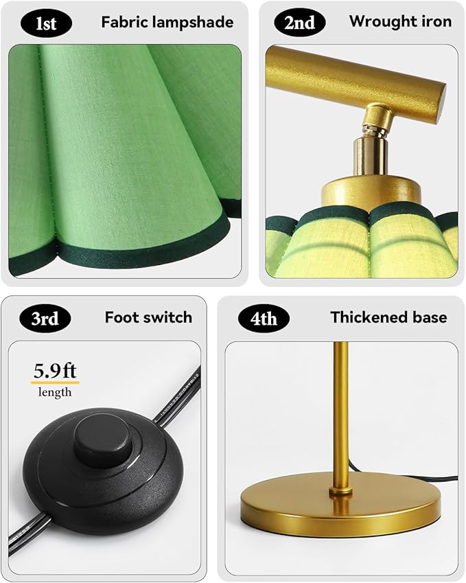 Floor Lamp with Pleated Linen Lampshade, Modern Flower Floor Lamp for Living Room Arc Standing Lamp, Gold Tall Lamp for Bedroom Office Dining Room, Bulb Included (Gold + Green, 65IN)